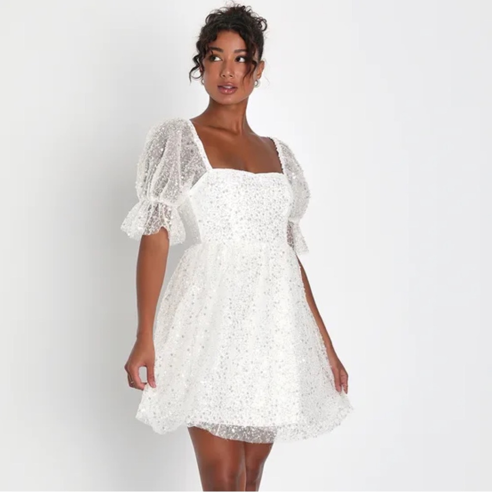Lulus Magic Sparkle White Beaded Sequin Puff Mink Dress